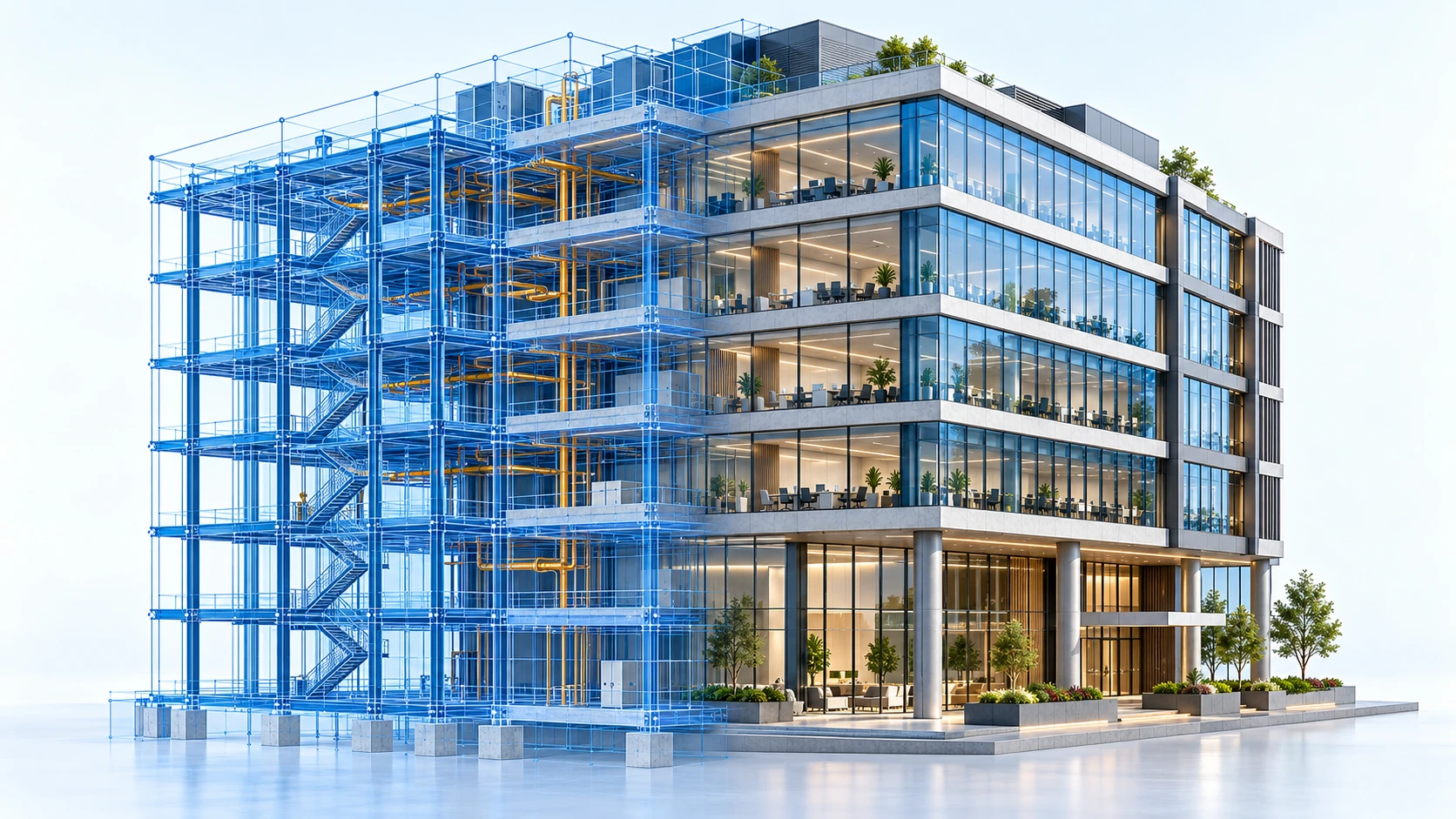 Illustrative smart building transitioning from a blue BIM wireframe and exposed service routes to a finished glass and concrete facade