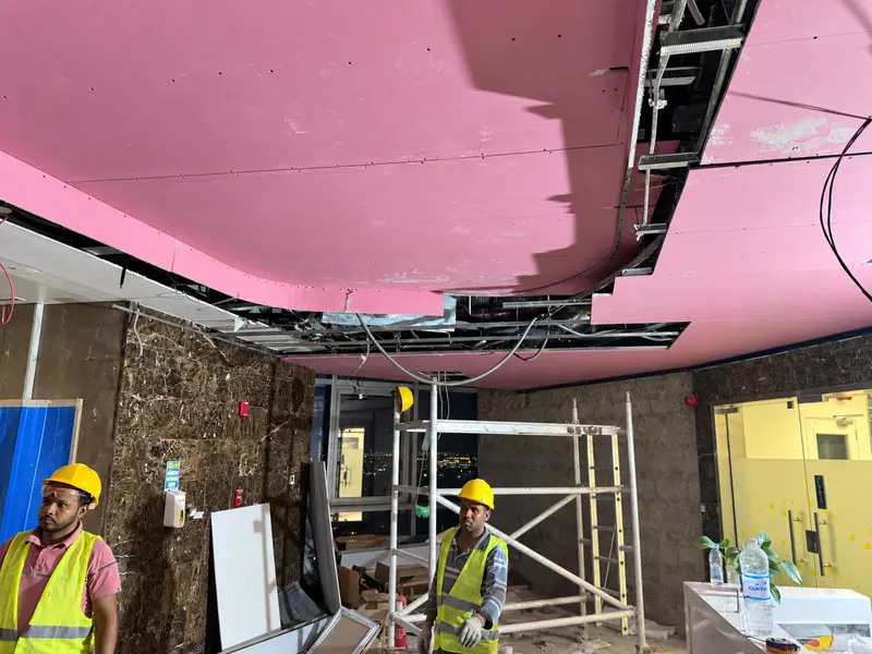 Ceiling framing, board installation and service interfaces.
