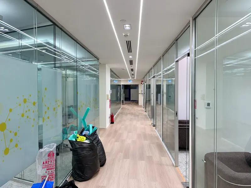 Office corridor with glass partitions and linear ceiling lighting.