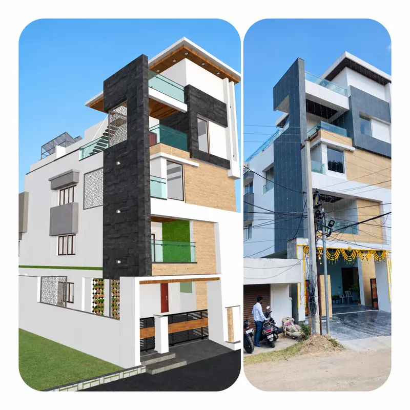 Supplied side-by-side design visualization and exterior photograph.