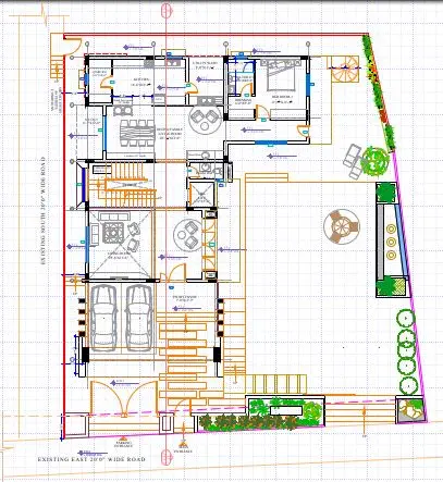 Architectural layout study showing room arrangement and site circulation.