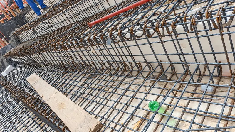 Reinforcement and formwork details during structural construction.